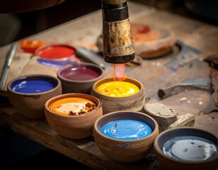 Vivid paints in small bowls being heated with a flame. Wooden surface and tools visible