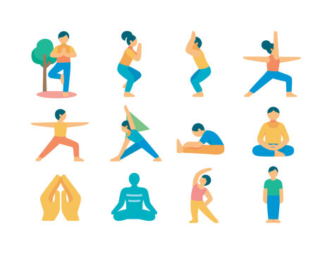 Concentration Yoga Icons. Concentration yoga. Colorful flat vector icons set of concentration yoga: tree focus pose, one-leg chair, eagle twist, warrior I