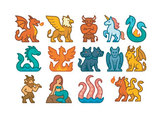 Obraz premium Colorful Mythical Creatures Icons. Mythical creatures. Colorful flat vector icons set of Mythical creatures: fire-breathing dragon, winged griffin, horned
