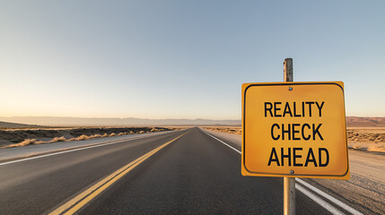 A yellow sign reads "Reality Check Ahead" on a desert highway. The road stretches to the horizon under a clear sky. Mountains are visible in the distance. Early morning light.
