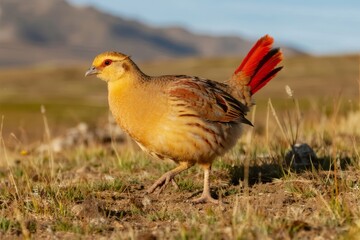 A golden pheasant with vibrant red tail feathers stands in a grassy field against a mountainous backdrop.