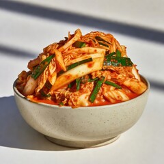 Kimchi, a traditional Korean fermented vegetable dish, served in a white bowl with vibrant red seasoning.