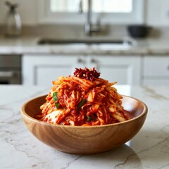 Kimchi, a traditional Korean fermented vegetable dish, served in a white bowl with vibrant red seasoning.