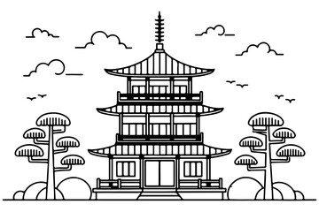 Naklejka premium Minimal Continuous Line Art of Traditional Japanese Pagoda Temple.