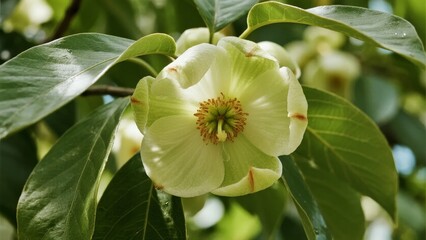Close-up of a pale yellow magnolia flower with green leaves in a natural setting