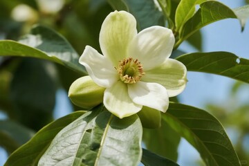 Close-up of a white magnolia flower with green leaves and a blue sky background