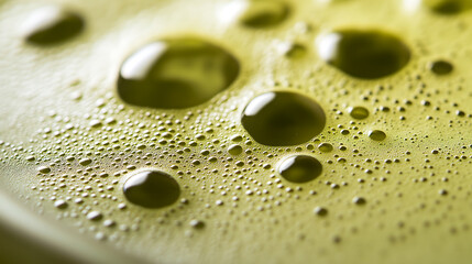 Close-up of matcha green tea surface. The frothy texture is adorned with larger, glossy bubbles, creating a visually appealing pattern and depth. Great for backgrounds.