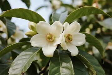Close-up of white magnolia flowers with green leaves in natural setting