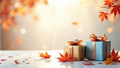 Fototapeta premium Two gift boxes with ribbons sit on a table scattered with autumn leaves. A branch with red maple leaves hangs overhead, with soft light in background.