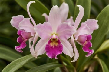 Close-up of pink orchid flowers with purple centers and green foliage in background