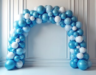Blue and white balloons form archway in bright room. This festive decoration is perfect for celebrations like baby showers or birthdays. Arrangement offers clean, modern look for event backdrops.