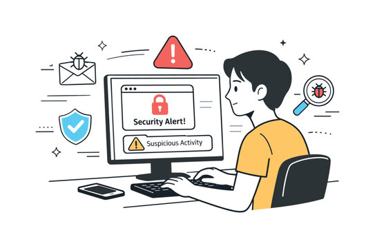 Cybersecurity Alert Awareness. Cybersecurity awareness. Person reviewing warning icons and security notifications on a screen, staying alert and informed