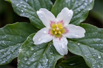 Close-up of a white flower with pink center and yellow stamens, surrounded by green leaves with water droplets
