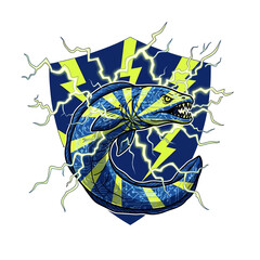 Electrifying cobra illustration with circuit pattern and lightning bolts on blue and yellow shield emblem representing power and energy.