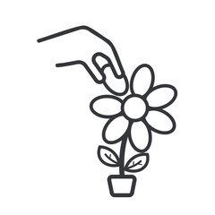 Isolated pictogram of hand touching flower, clear symbol for park signage prohibiting plant damage, promoting environmental safety and awareness.