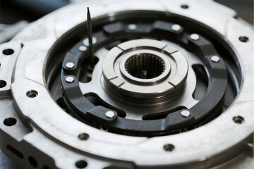 Close-up view of a mechanical clutch assembly with central hub and surrounding pressure plate components