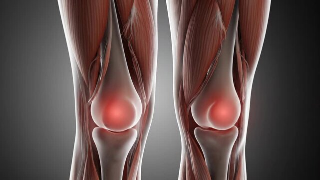 Knee anatomy shows pain in joint with red inflammation area. Medical knee displays pain and muscle structure. Anatomy of knee with injury. Leg shows knee joint pain with ligament and bone.
