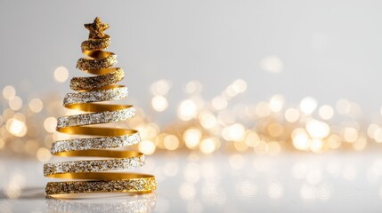 Obraz premium A modern golden spiral-shaped structure, resembling a festive tree, sparkles against blurred light, hinting at celebration and warmth