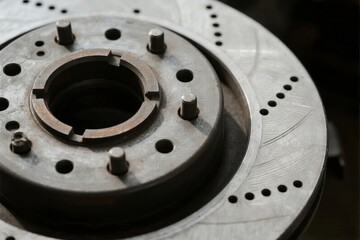 Close-up view of a vehicle brake disc and hub assembly with drilled holes and mounting bolts