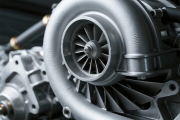 Close-up view of a metallic turbocharger with visible turbine blades and housing components