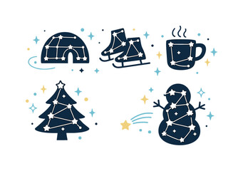 Winter Constellation Illustration. Winter constellation-themed editorial illustration with stylized stars forming simple shapes in a clear night sky,