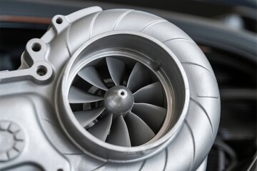 Close-up view of a metallic turbocharger turbine housing with visible blades and intake structure