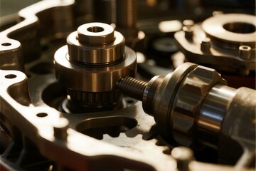 Close-up of mechanical gears and components in an industrial engine assembly