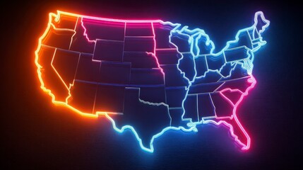 A neon outline of the United States map glows with vibrant gradients of color against a dark backdrop. The outline is smooth and illuminated