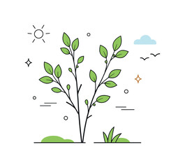 First Spring Leaves. First green leaves. A calm editorial scene where small fresh leaves appear on simple branches. The illustration captures early spring,