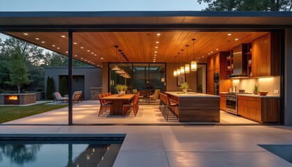 Modern open plan kitchen and dining area with large glass doors opening to an outdoor fireplace and patio. Sleek wood cabinets and island create a luxurious entertaining space for guests.