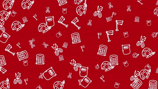 Outlined school supplies on red background suitable for education, backtoschool, schoolrelated designs, stationery promotions, classroom decorations, kids crafts.