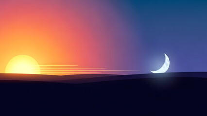 Minimalist vector illustration of sunrise and crescent moon over dark horizon in vibrant gradient sky, concept for nature background , spiritual meditation and peaceful design