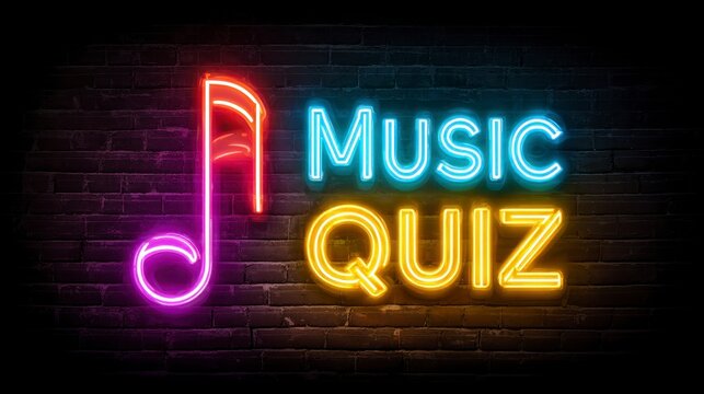 A neon sign on a brick wall displays "MUSIC QUIZ", with a colorful musical note beside the text. The glowing elements suggest entertainment