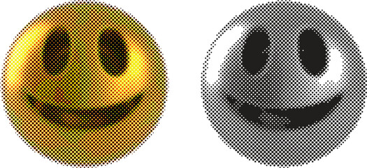 Vintage smiley face icons set in gold and black with halftone texture, retro happy emoji symbols for graphic design