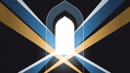 Obraz premium Abstract geometric design featuring an illuminated archway with converging gold and blue rays, concept for corporate background, website banner and digital marketing material