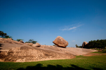 Krishnas butterball, Balancing giant natural rock stone, Mahabalipuram, Tamil Nadu, India