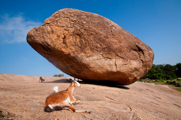Krishnas butterball, Balancing giant natural rock stone, Mahabalipuram, Tamil Nadu, India