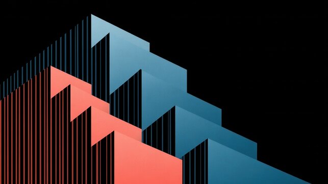 Abstract Geometric Architectural Composition with Blue and Red Elements on Black