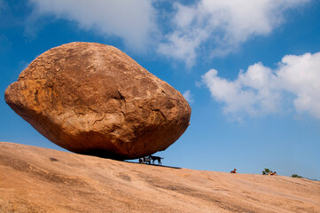 Krishnas butterball, Balancing giant natural rock stone, Mahabalipuram, Tamil Nadu, India
