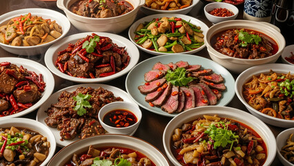 Asian Restaurant Table Full of Spicy Signature Dishes