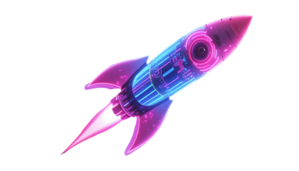 Retrofuturistic Neon Rocket Icon in Space Age Style Isolated on White