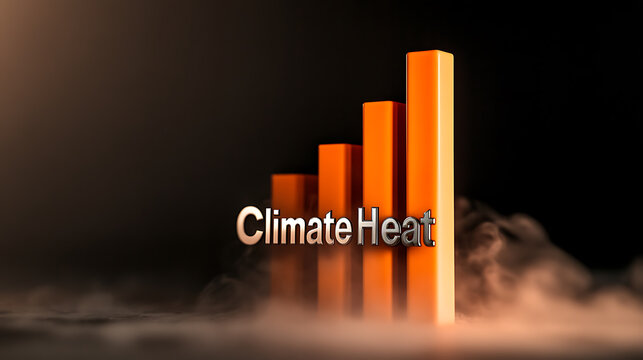 Rising bar graph with 'Climate Heat' text, visualizing increasing climate change impact. An urgent call to action, depicted with smoke effects on a neutral stage. - Powered by Adobe