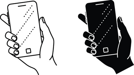 Vector Illustration of Hand Holding Smartphone Silhouette and Outline Set, Featuring Mobile Device Icons for Communication and Digital Technology Concepts © Amamur