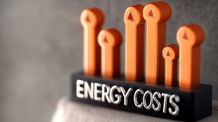 Visual of rising energy costs featuring a bar graph with upward-pointing orange arrows and the text "ENERGY COSTS" embossed in silver letters on a black base. 171 char