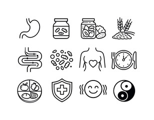 Gut Health Icons. Gut Health. Line icon set of Gut Health: stomach icon, probiotics jar, fermented foods, fiber grains, digestion flow, microbiome dots,