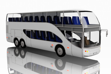 Un rendering 3D di un autobus a due piani bianco &egrave; visualizzato su uno sfondo bianco. L'autobus &egrave; dotato di tre assi e ampie finestre, con sedili blu visibili attraverso i finestrini trasparenti.