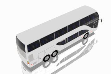 Autobus bianco dal design elegante e moderno su sfondo bianco. Il rendering 3D generato al computer mostra una forma aerodinamica con vetri oscurati e doppi assi posteriori.