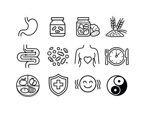 Gut Health Icons. Gut Health. Line icon set of Gut Health: stomach icon, probiotics jar, fermented foods, fiber grains, digestion flow, microbiome dots,