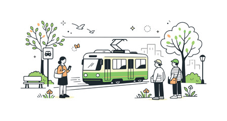 Spring Cityscape Harmony. Spring street scenes. A light editorial city scene with a tram or bus moving through a green street, trees budding and pedestrians