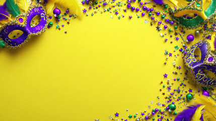 Vibrant Mardi Gras festive border with colorful masks and sparkling beads on yellow background, celebration poster concept
